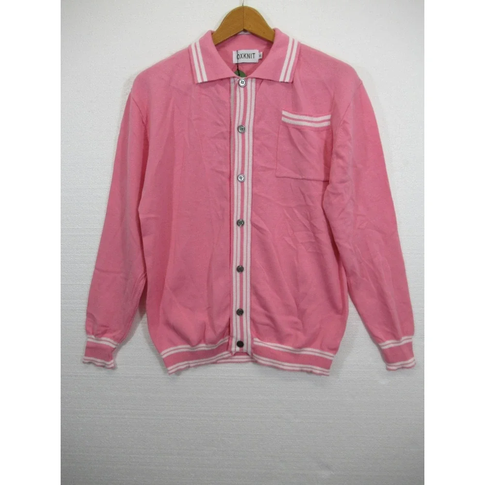 NEW OXKNIT 60s Mod Style Pink Cardigan Sweater Men M Pink Long Sleeve Retro